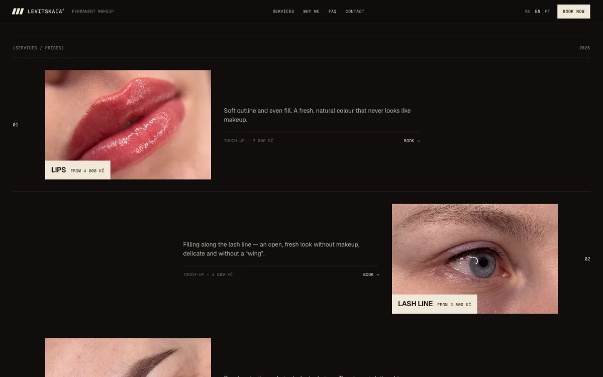 Lips and lash line — the service row alternates sides, price on the frame