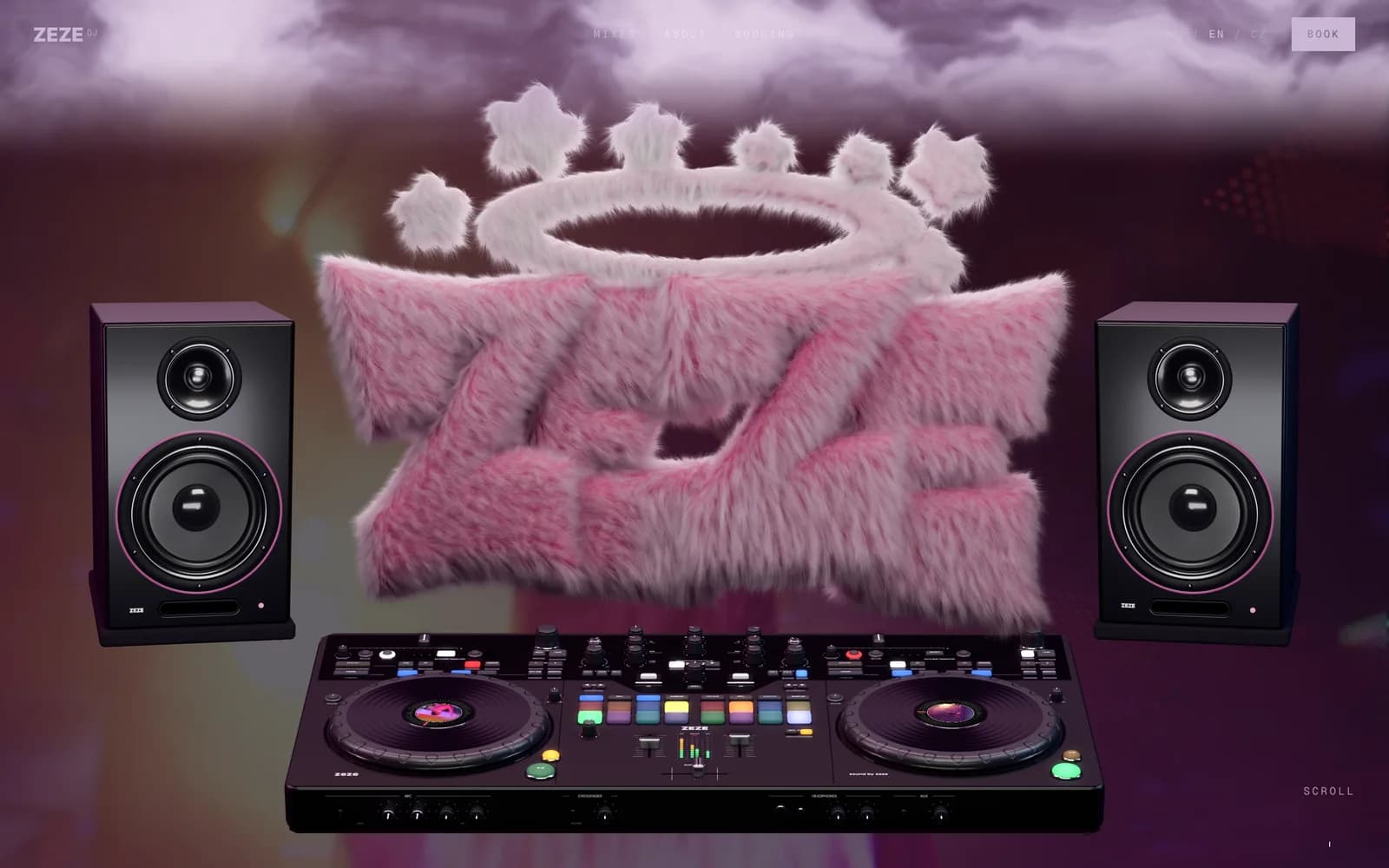 DJ ZEZE — 3D hero — furry logo, speakers and a DJ controller over a looping club video